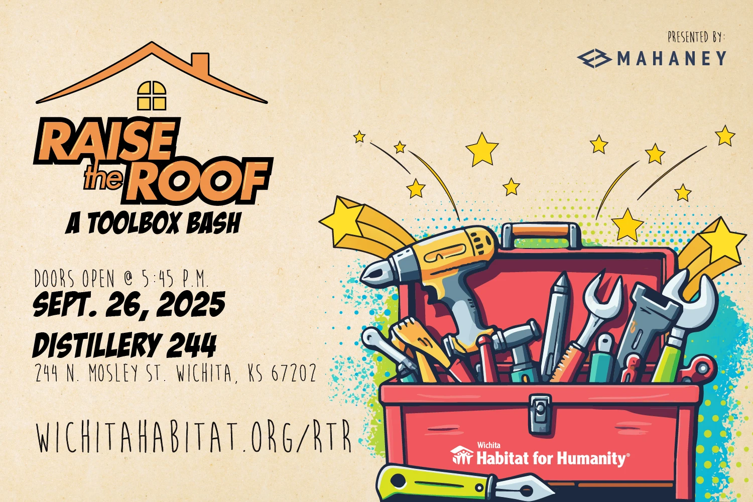 Raise the Roof event flyer. Includes event details.